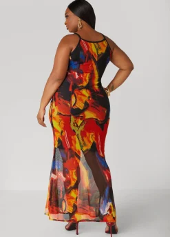 Sale Ashley Stewart Watercolor Print Mesh Maxi Dress Multi