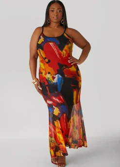 Sale Ashley Stewart Watercolor Print Mesh Maxi Dress Multi