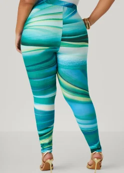 Clearance Ashley Stewart Wave Print Leggings Green