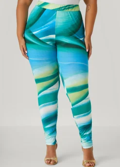 Clearance Ashley Stewart Wave Print Leggings Green