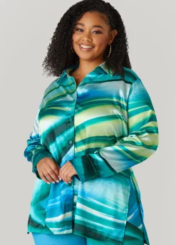 Discount Ashley Stewart Wave Print Satin Shirt Green