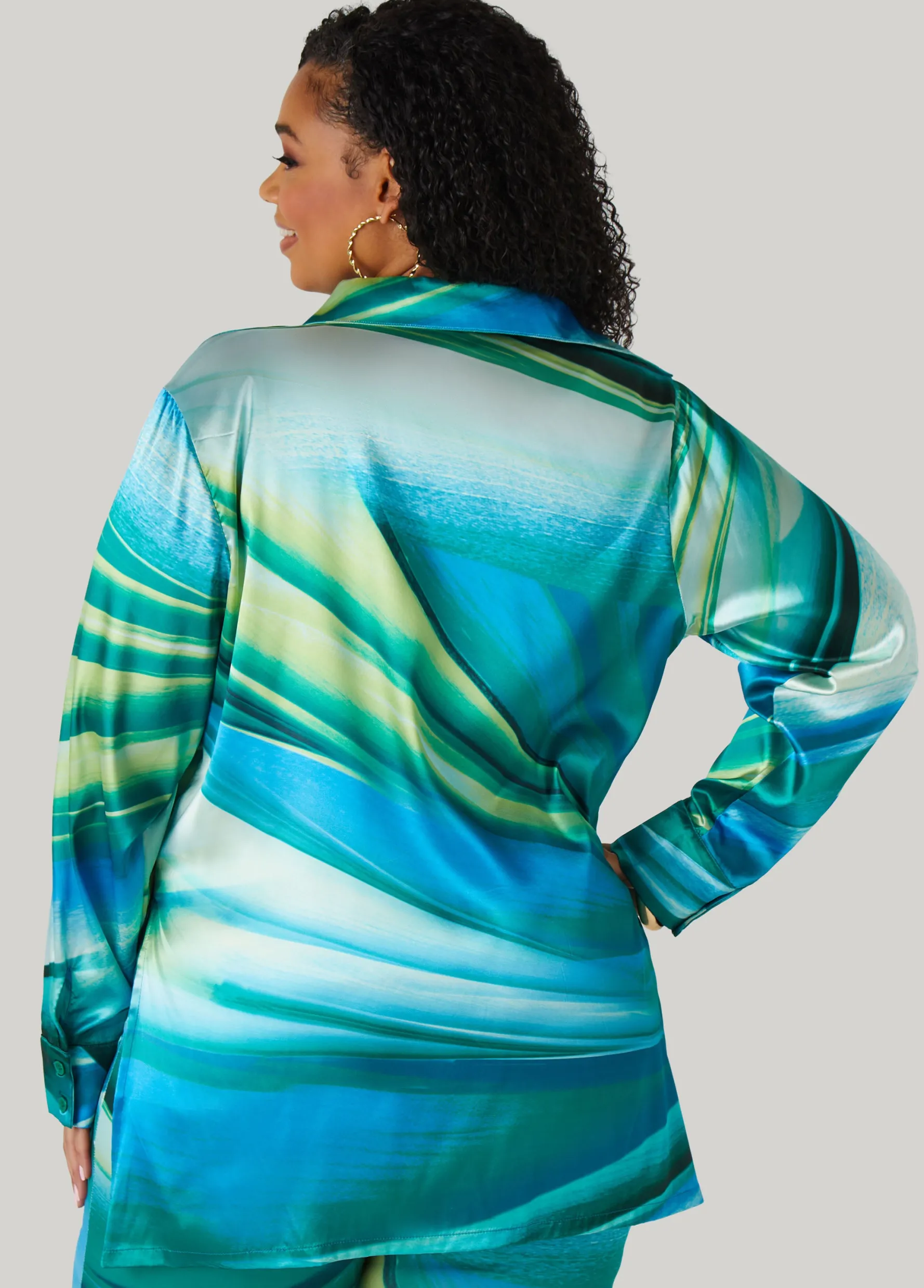 Discount Ashley Stewart Wave Print Satin Shirt Green