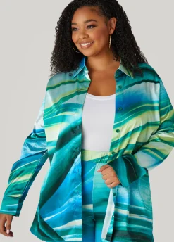 Discount Ashley Stewart Wave Print Satin Shirt Green