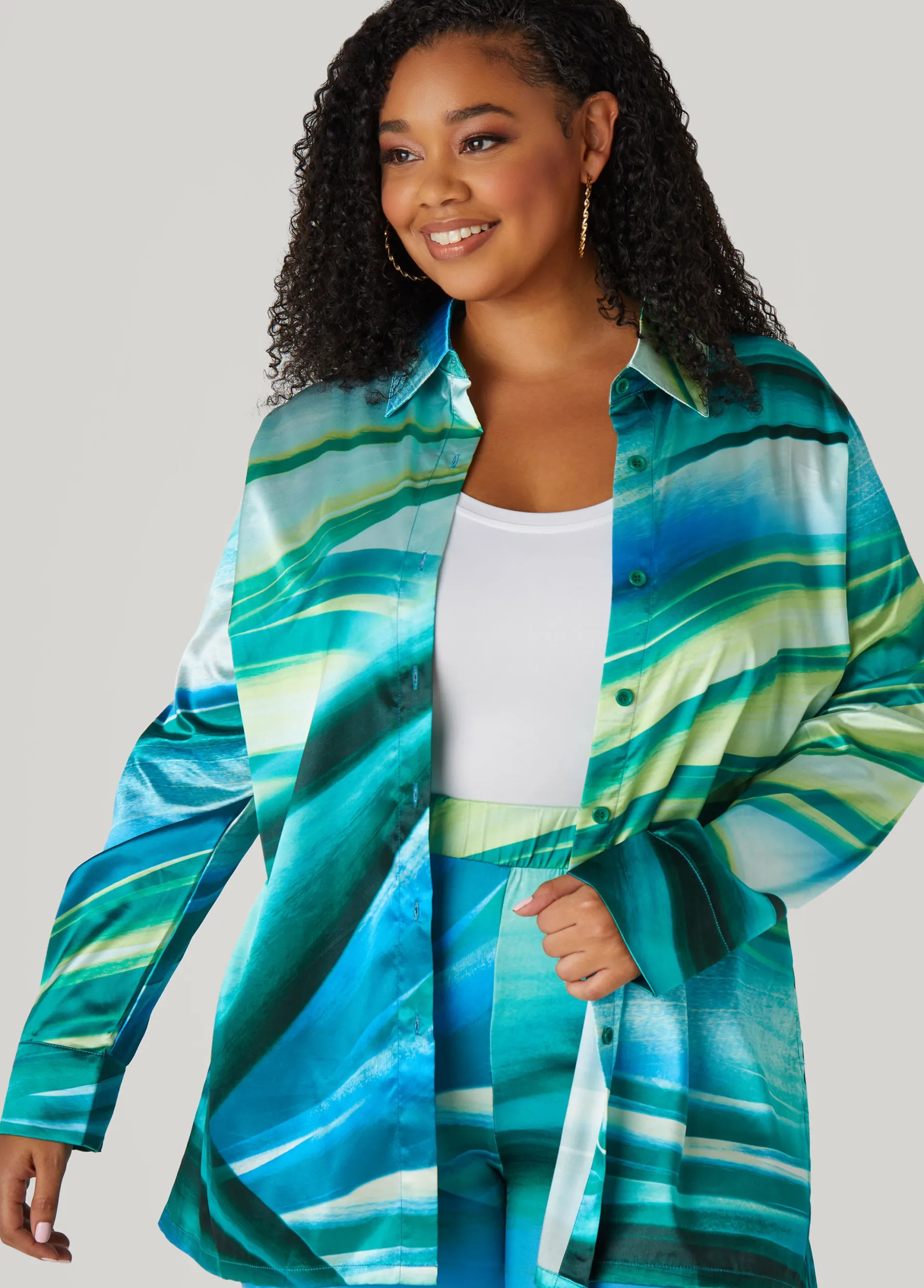 Discount Ashley Stewart Wave Print Satin Shirt Green