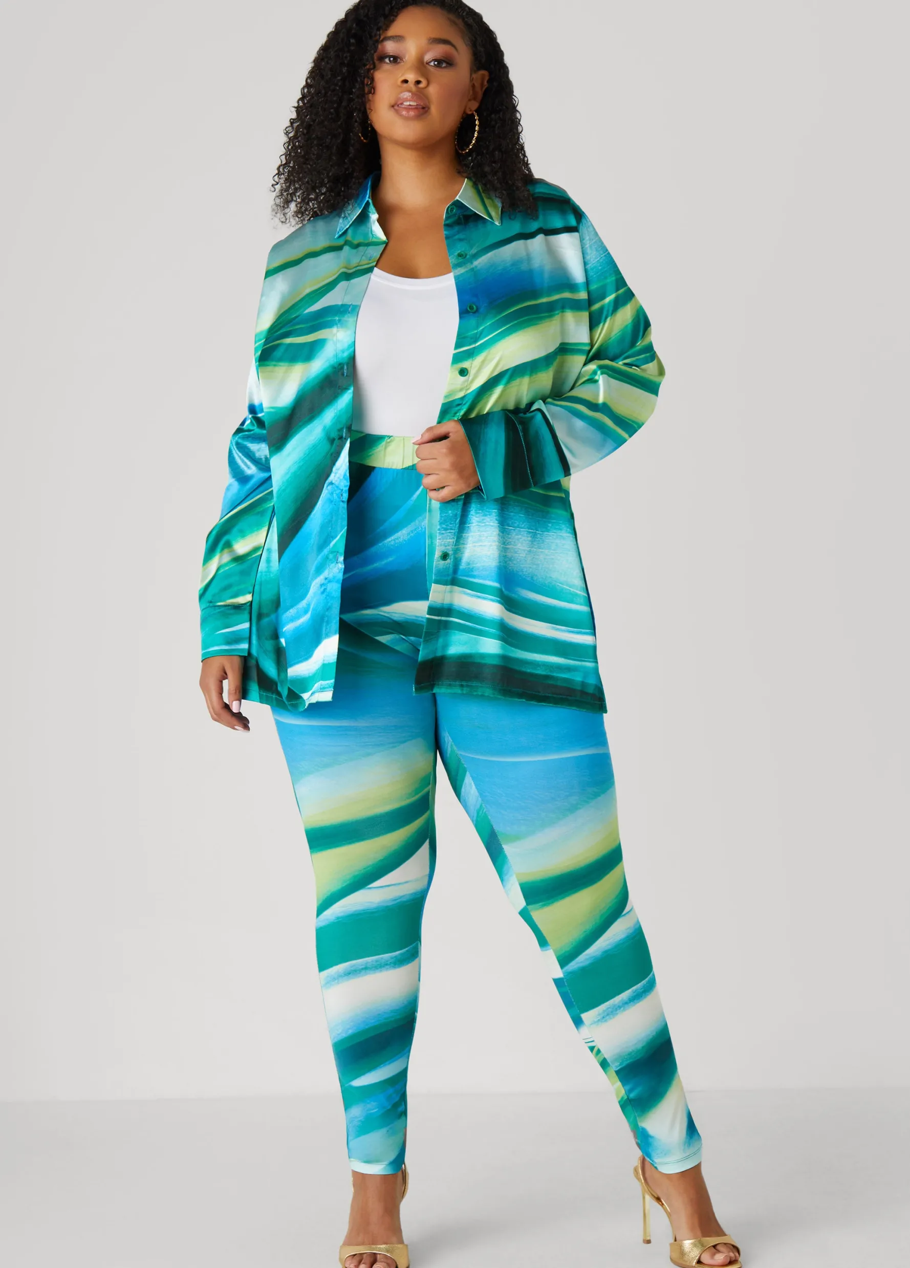 Discount Ashley Stewart Wave Print Satin Shirt Green