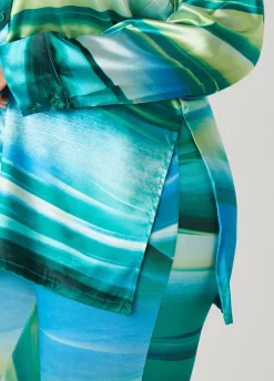 Discount Ashley Stewart Wave Print Satin Shirt Green