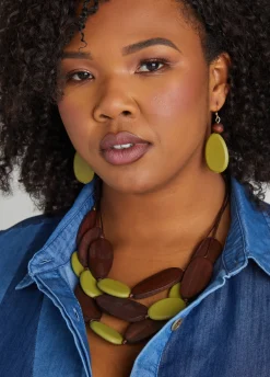 Best Ashley Stewart Wood Bead Necklace Set MOSS