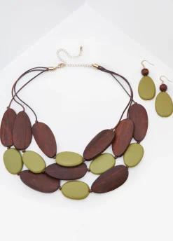 Best Ashley Stewart Wood Bead Necklace Set MOSS