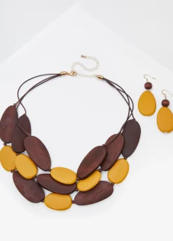Fashion Ashley Stewart Wood Beaded Necklace Set Nugget Gold