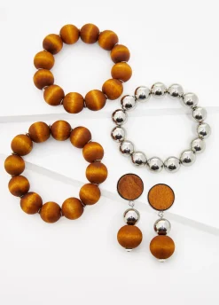 Discount Ashley Stewart Wood Bracelets And Earrings Set Natural