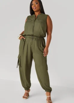 New Ashley Stewart Zip Front Utility Joggers Jumpsuit Deep Depths