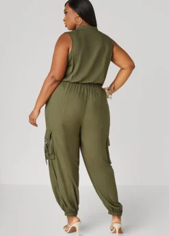 New Ashley Stewart Zip Front Utility Joggers Jumpsuit Deep Depths