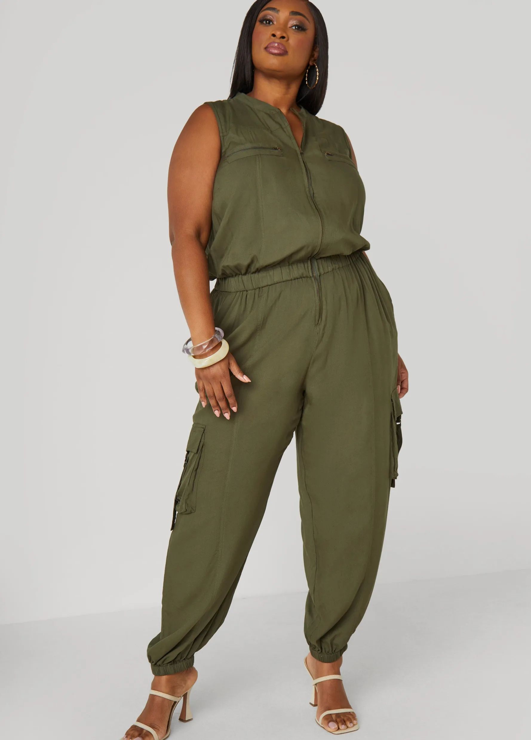 New Ashley Stewart Zip Front Utility Joggers Jumpsuit Deep Depths