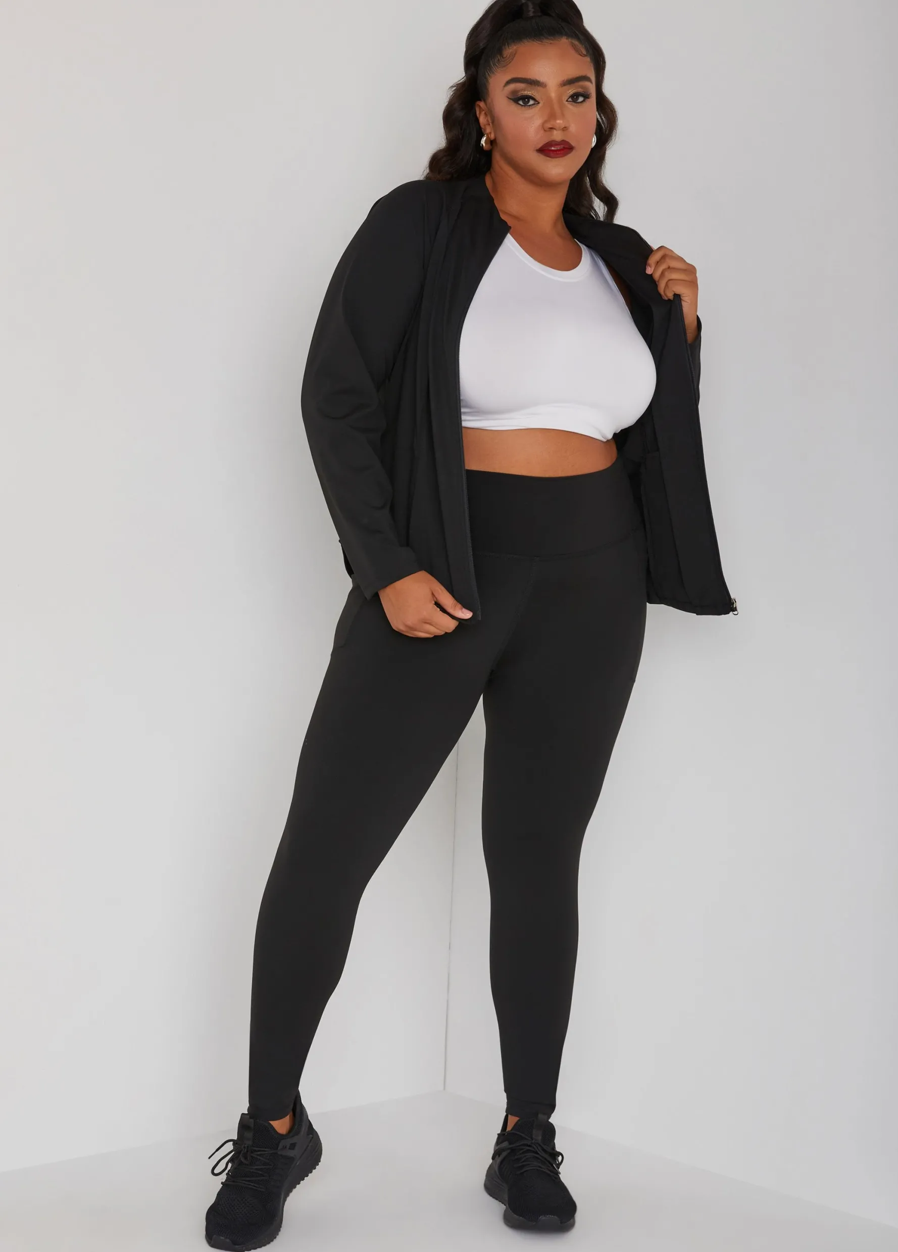 New Ashley Stewart Zipped Knit Athletic Jacket Black