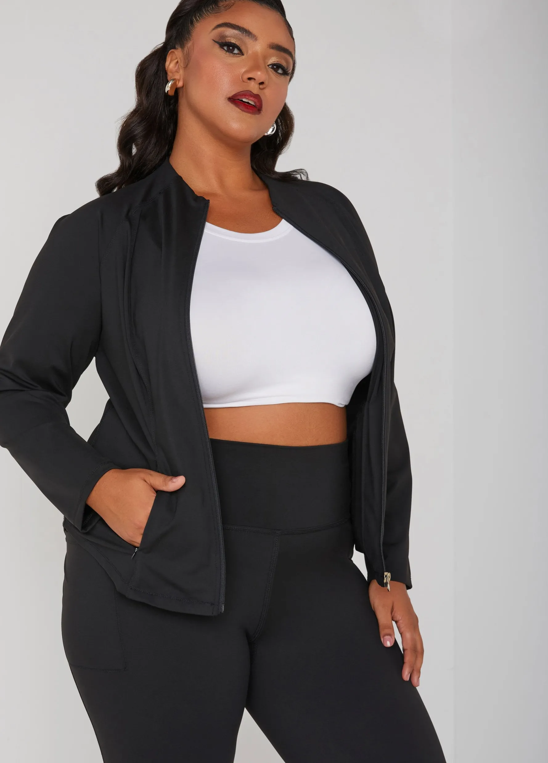 New Ashley Stewart Zipped Knit Athletic Jacket Black