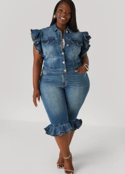 Clearance Ashley Stewart Zipper Trimmed Denim Capris Denim Blue