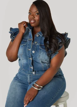 Sale Ashley Stewart Zipper Trimmed Denim Jacket Denim Blue
