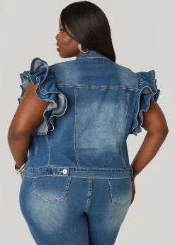 Sale Ashley Stewart Zipper Trimmed Denim Jacket Denim Blue