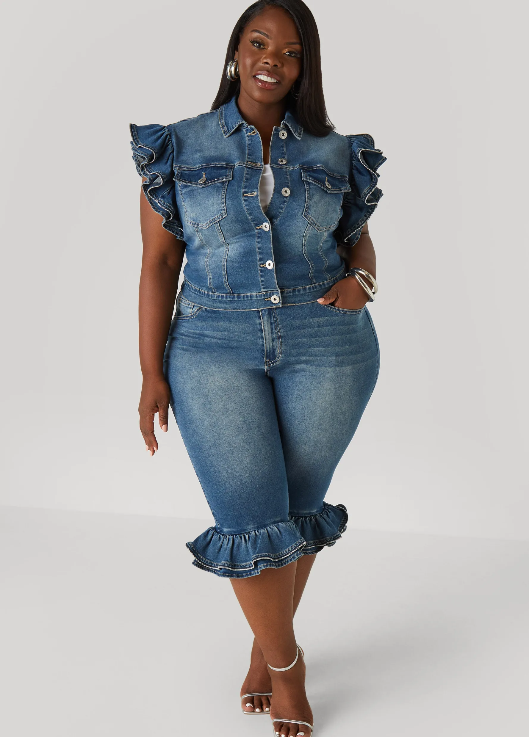 Sale Ashley Stewart Zipper Trimmed Denim Jacket Denim Blue