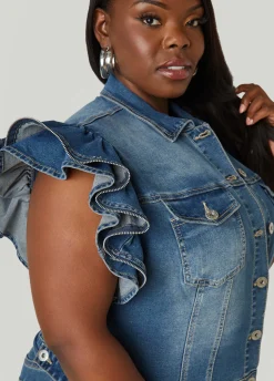Sale Ashley Stewart Zipper Trimmed Denim Jacket Denim Blue